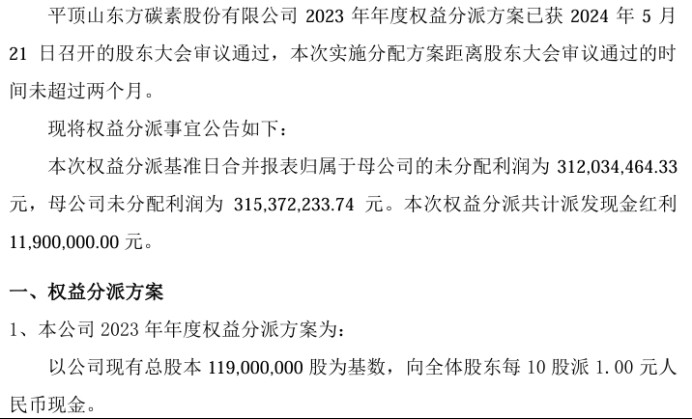 东方碳素2023年度权益分派每10股派现1元 共计派发现金红利1190万  第1张