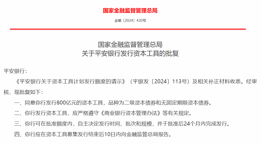 金融监管总局批复！平安银行获批发行800亿元资本债  第2张