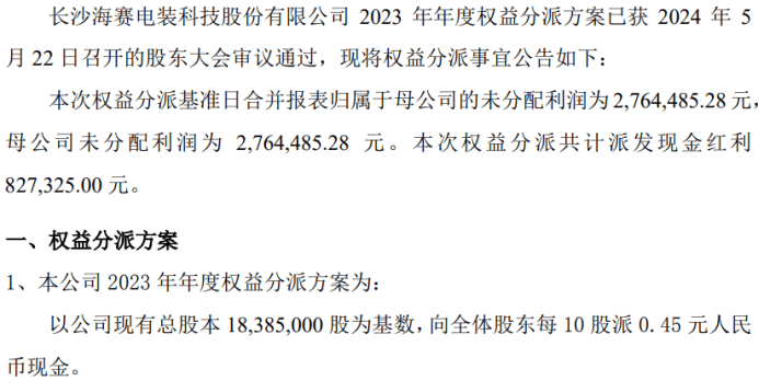 海赛电装2023年度权益分派每10股派现0.45元 共计派发现金红利82.73万元  第1张