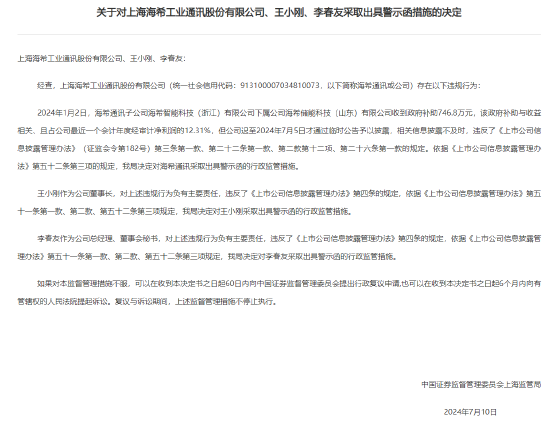 海希通讯及董事长信披违规收上海证监局警示函：今年1月收到747万政府补助，占净利润12%，到7月份才公告披露